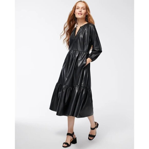 Chico's Black Faux Leather 3/4 Sleeve Pleather Tiered Midi Dress Women's Size 4 - Picture 1 of 9